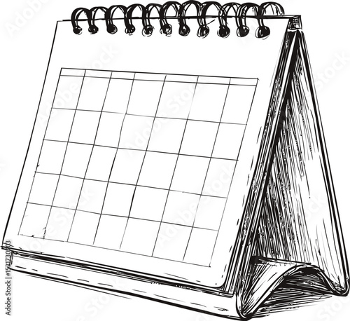 Sketch of a spiral desk calendar with blank grid. Vector illustration