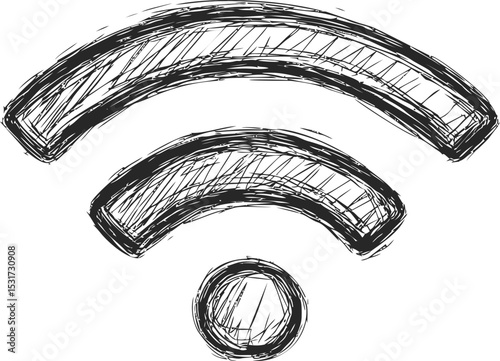 Sketchy black and white wifi symbol with three curved lines and textured circle. Vector illustration