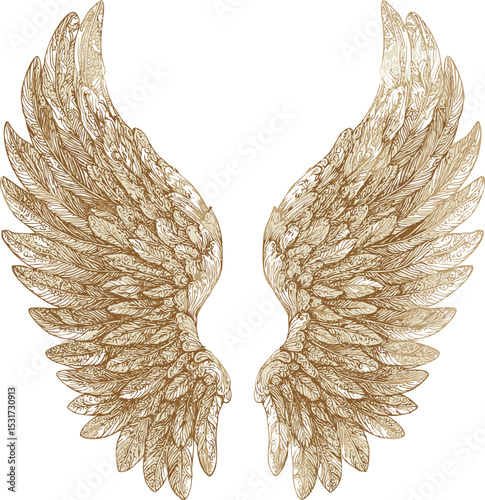 Intricate golden angel wings with detailed feather patterns. Vector illustration in sketch style
