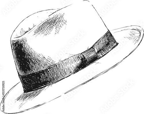 Black and white sketch of a classic fedora hat with ribbon detail. Vector illustration