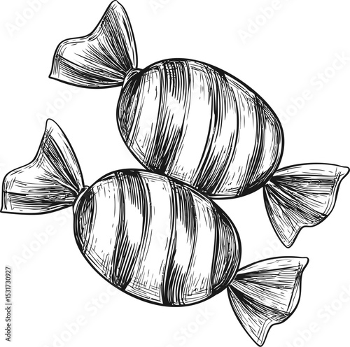 Two hand-drawn wrapped candies illustrated in black and white sketch style. Vector illustration