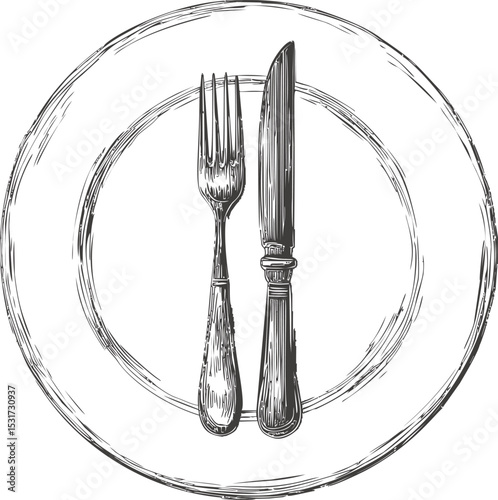 Illustration of fork and knife on a plate in black and white sketch. Vector illustration