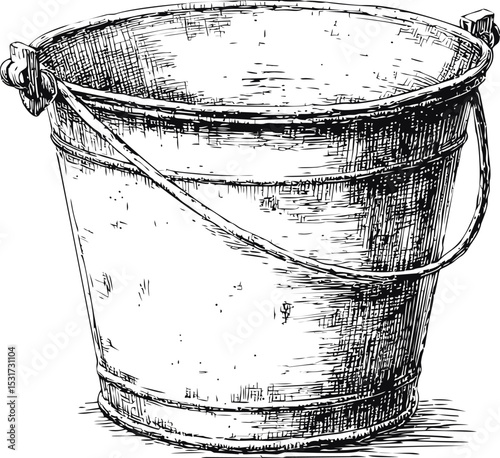 Detailed black and white sketch of an old metal bucket with a handle. Vector illustration
