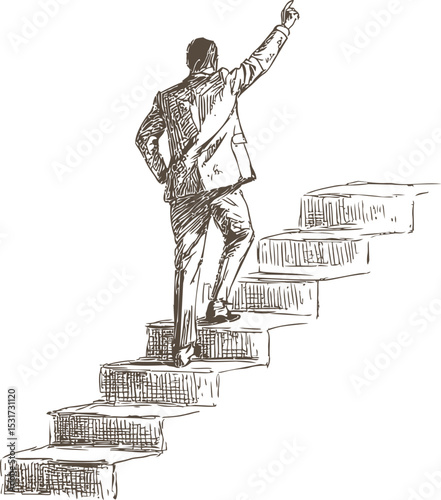 Businessman climbing stairs with determined pose, concept of progress and success. Vector illustration