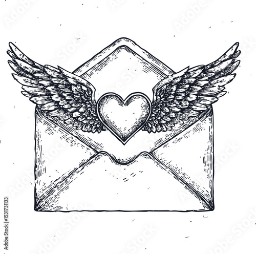 Envelope with wings and a heart symbolizing freedom and love concept art. Vector illustration in sketch style