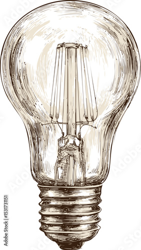 Vintage illustration of a light bulb with detailed filament sketch. Vector illustration