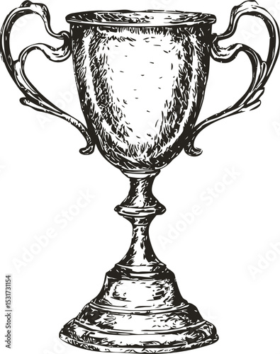 Vintage sketch of ornate trophy cup with intricate details and handles. Vector illustration