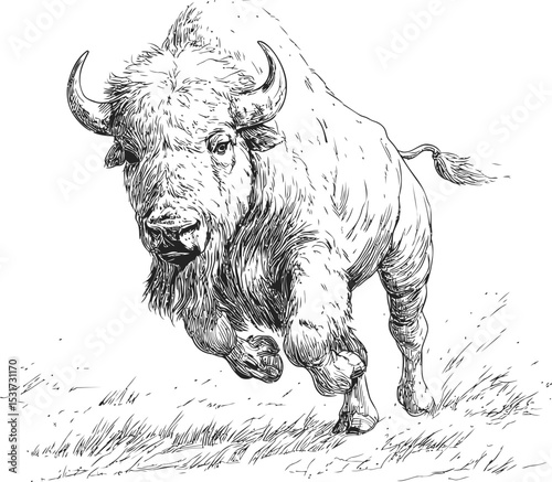 Ink drawing of a powerful charging bison on white background. Vector illustration