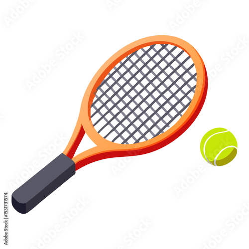 A flat, isometric cartoon tennis racket with an orange frame and a green tennis ball beside it.