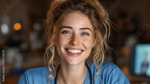 Happy young woman greeting doctor on telehealth video call, POV of female nurse or medical employee