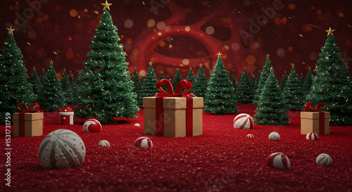 A whimsical holiday scene featuring two Santa figurines surrounded by Christmas trees and festive lights, evoking feelings of joy and warmth during the Christmas season.