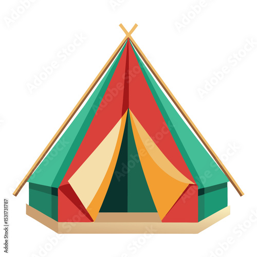 A vibrantly colored, traditional-style teepee or tent with red, green, and yellow panels, suggesting outdoor adventures or a cozy retreat.
