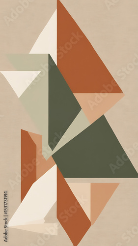 Asymmetrical geometric composition in terracotta, olive green and cream, painted with rough matte strokes on textured linen.