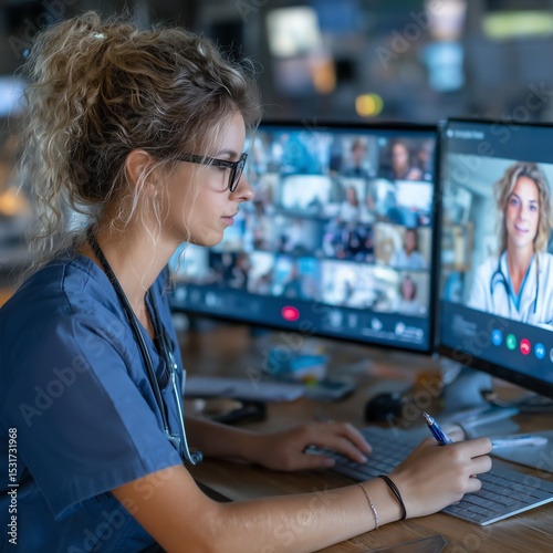 Nurse conducting healthcare consultation via video call, telehealth service