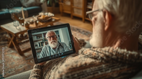 Senior Patient Using Tablet for Consultation at Home - Over-Shoulder View with Copy Space