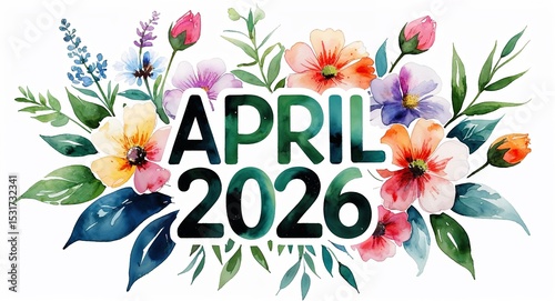 april 2026 word lettering with watercolor painting flowers on plain white background