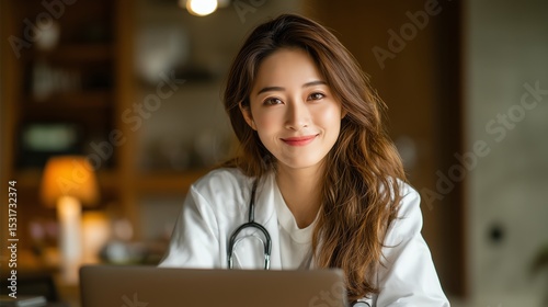 Young Asian female doctor live talking on laptop for digital telehealth, minimalist soft hues