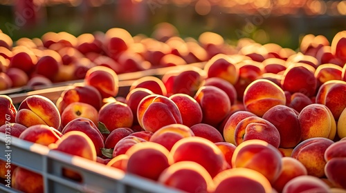 velvety red-yellow peaches glowing in the sun, clean crisp lines of the crate contrasting with the soft roundness of the fruit, editorial summer freshness aesthetic