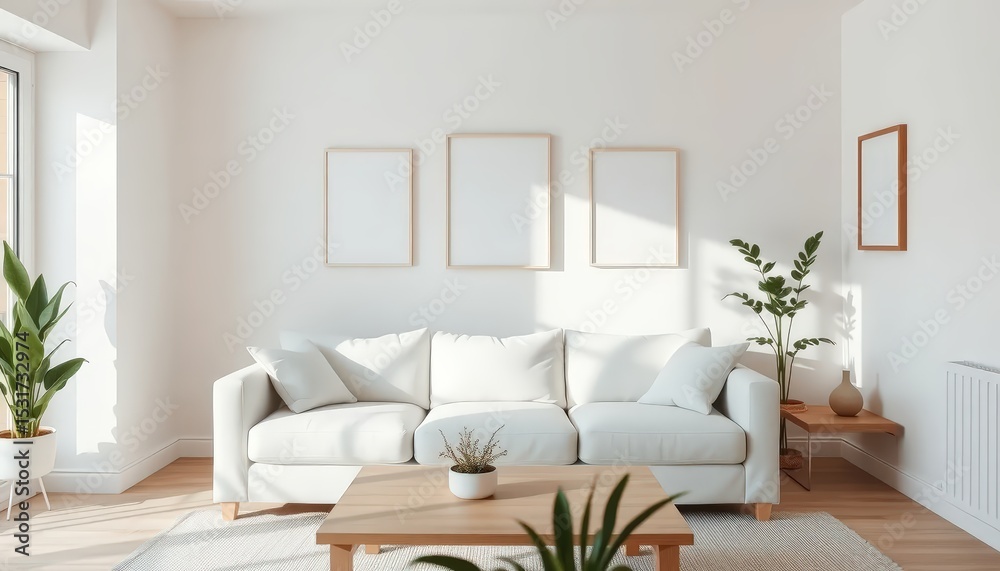 Fototapeta premium Interior of a minimalist living room with a white sofa