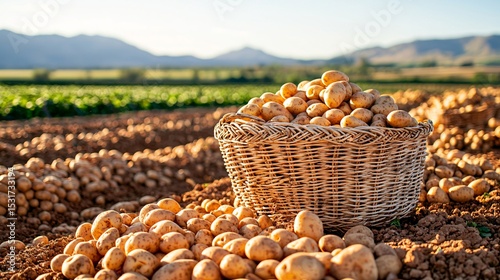 potato harvest in a sprawling rural field at golden hour, freshly dug potatoes scattered over rich brown soil, rustic woven baskets filled with produce, soft natural shadows, vibrant green rows