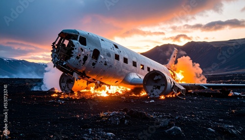 Post-crash airplane fuselage on mountain terrain during twilight, fire flickering, broken wings