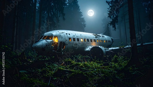 Wreckage of a crashed airplane in a dark forest, illuminated by moonlight and faint emergency lights