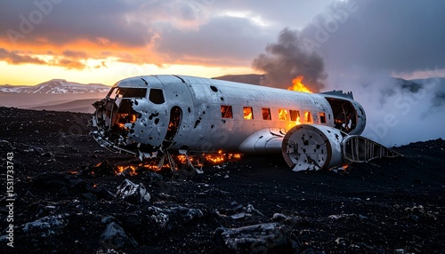 Post-crash airplane fuselage on mountain terrain during twilight, fire flickering, broken wings