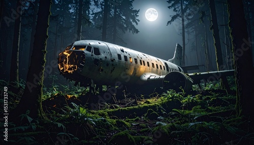 Wreckage of a crashed airplane in a dark forest, illuminated by moonlight and faint emergency lights