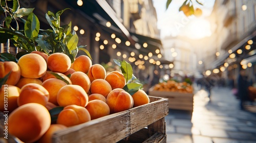 fruit market scene with crate of juicy peaches in radiant light, minimal background details to emphasize freshness and color, clean and vivid