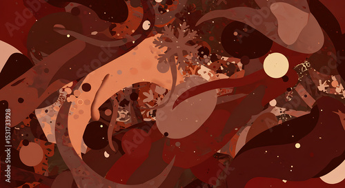 Dynamic abstract artwork with a red and brown color palette, intricate textures, and pattern overlays. Expresses artistic creativity, complexity, and vibrant depth ideal for artistic and conceptual