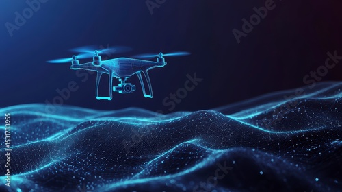 Futuristic drone flying over a digital landscape.