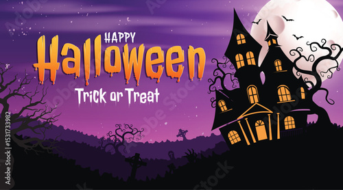 Happy Halloween greeting clipart banner. Halloween trick or treat spooky clip art design with haunted house, full moon and cemetery in grave yard horror purple background vector illustration. 
