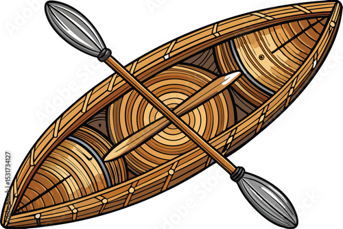 Vintage Wood Kayak with Crossed Oars – Detailed Black and White Line Art Top View Illustration