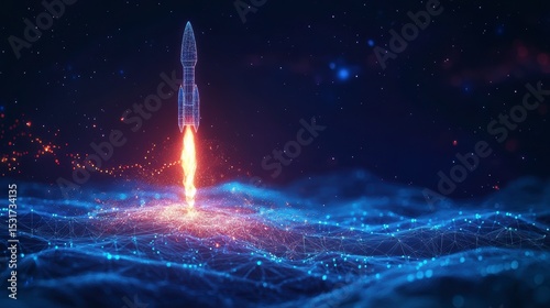 Futuristic rocket launching from digital landscape, fiery trail, stars.