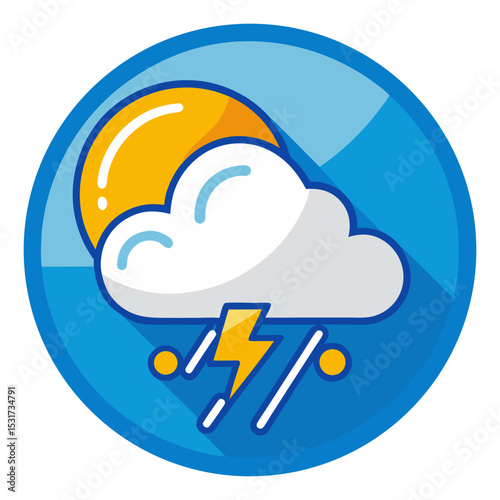A weather icon depicting a cloud with lightning and rain, with a sun peeking from behind, all within a blue circle.