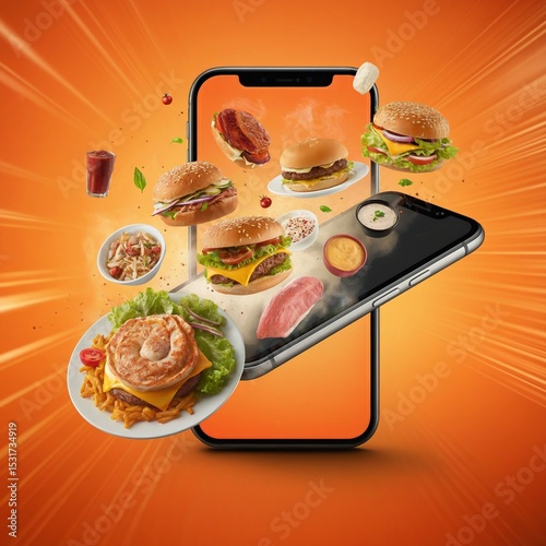 A fast food delivery app concept with burgers flying out of a phone