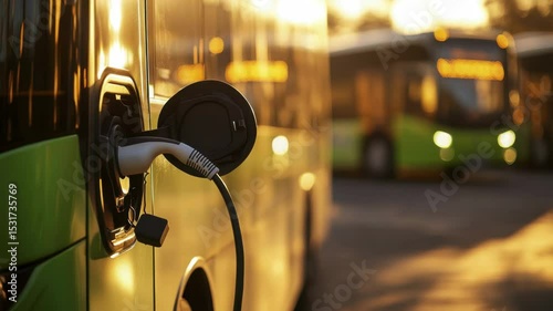 Electric Bus Charging at Station During Sunset, Green Vehicle for Urban Transportation
