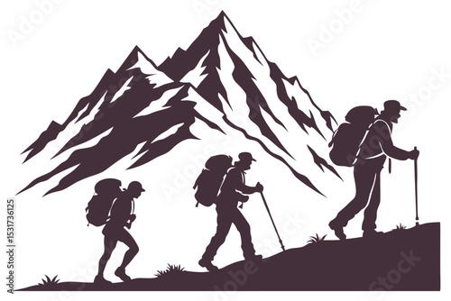 Silhouette of hikers climbing a mountain with backpacks and trekking poles