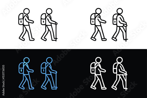 Hiking Icon Set Line Art Neon and Black and White Versions