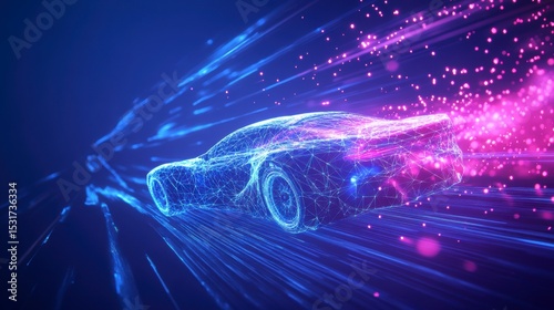 Futuristic car speeding, light trails, glowing particles, polygonal design.