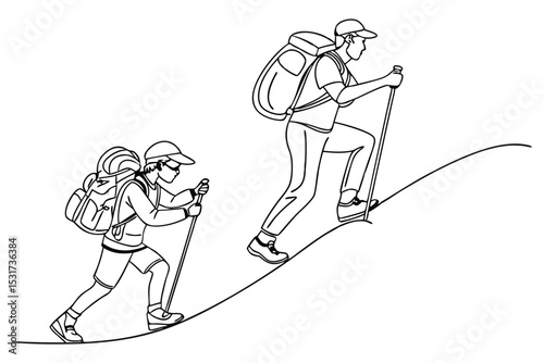 Two hikers climbing a mountain with trekking poles in black and white