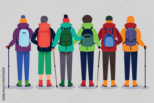 Group of diverse hikers with backpacks and trekking poles illustration