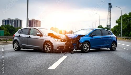 A silver and blue car heavily damaged on a road after a collision, with an accident scene