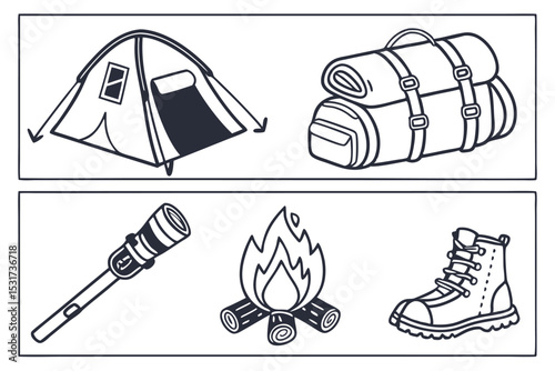 Hand drawn camping equipment set in black and white doodle style