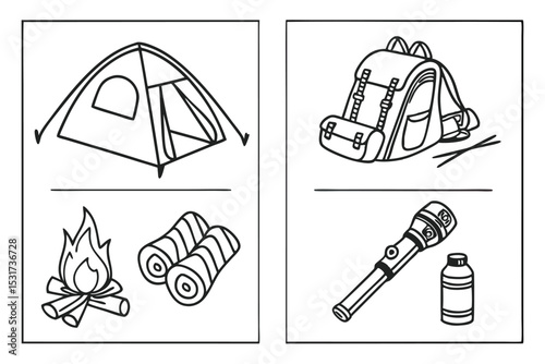 Camping themed coloring page with tent backpack campfire and flashlight