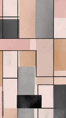 Minimalist grid of painted rectangles in soft ochre, pale pink, and charcoal, with visible canvas texture and hand-painted imperfections.


