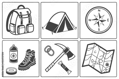 Monochrome Camping and Hiking Icons Set in a Square Grid Layout