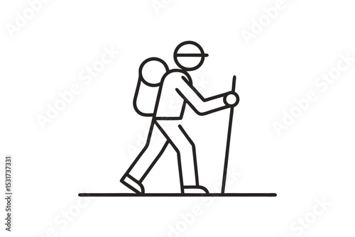 Minimalist line art illustration of a hiker with backpack and stick