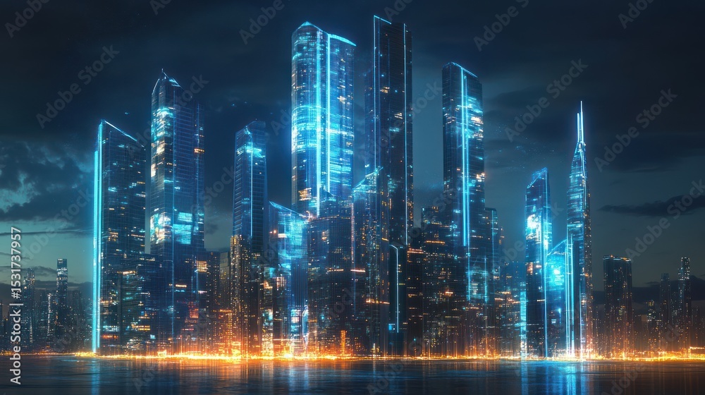 Fototapeta premium Futuristic illuminated cityscape at night with glowing buildings and water