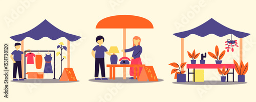 A charming vector illustration of a small market scene with vendors selling food, drinks, and handicrafts under colorful tents. Ideal for lifestyle, tourism, food, and community designs.